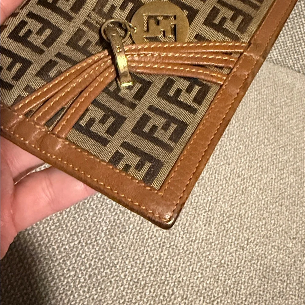 Authentic Fendi Brown Charm Zucchino Canvas Wallet